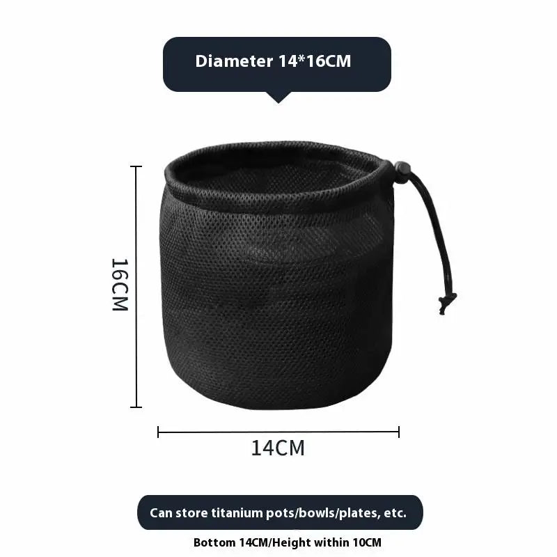 sac cordons noir maille pratique rangement camping cuisine pique nique barbecue vaisselle portatif organizer