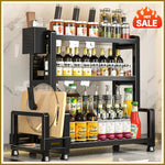 étagère cuisine noire réglable niveaux moderne pieds couteaux bouteilles pots condiments