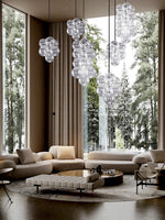 suspension lumineuse verre transparent moderne boules verre câbles acier poli led semi encastré