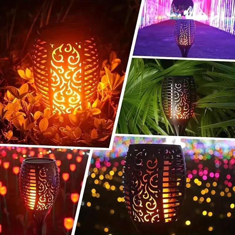 lanterne solaire led effet flamme vacillante moderne noire motif floral étancheextérieur jardin allée patio