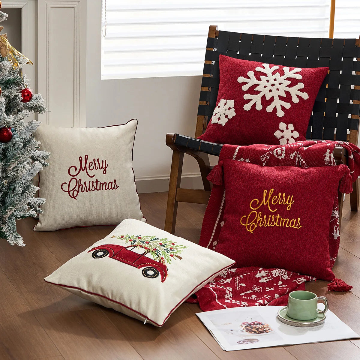taies d'oreiller square rouge blanches flocons merry christmas coton polyester décoration lit sans rembourrage