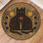 tapis rond vintage chats lunes soleils motifs floraux noir beige jaune blanc vert
