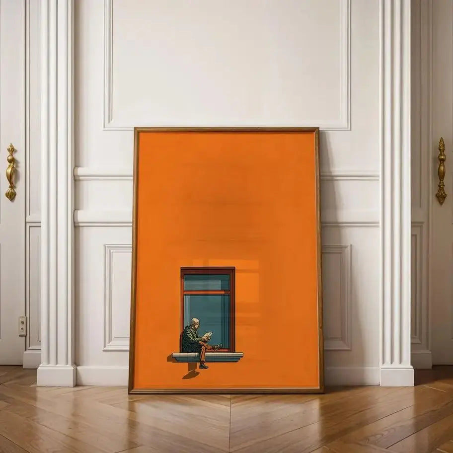 tableau moderne minimaliste orange bleu beige simple cadre bois abstrait décoration maison contemporaine chambre