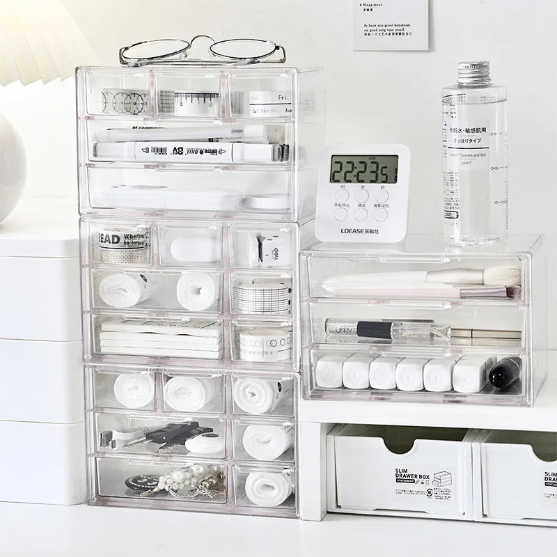 organisateur boîtes tiroirs transparent moderne trousses stylos maquillage rangement compartiments poignées