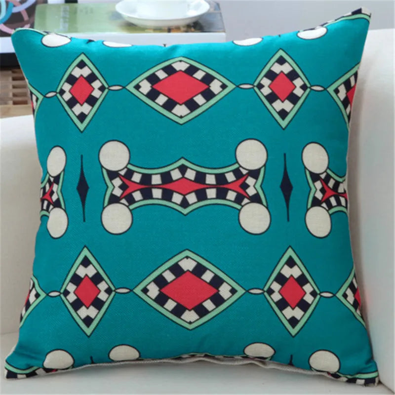 housse coussin imprimée moderne motifs géométriques bleu rouge noir 45x45cm