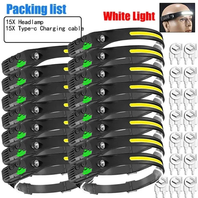 lampe frontale rechargeable led ipx4 camping pêche ceinture ajustable sensor switch noir jaune