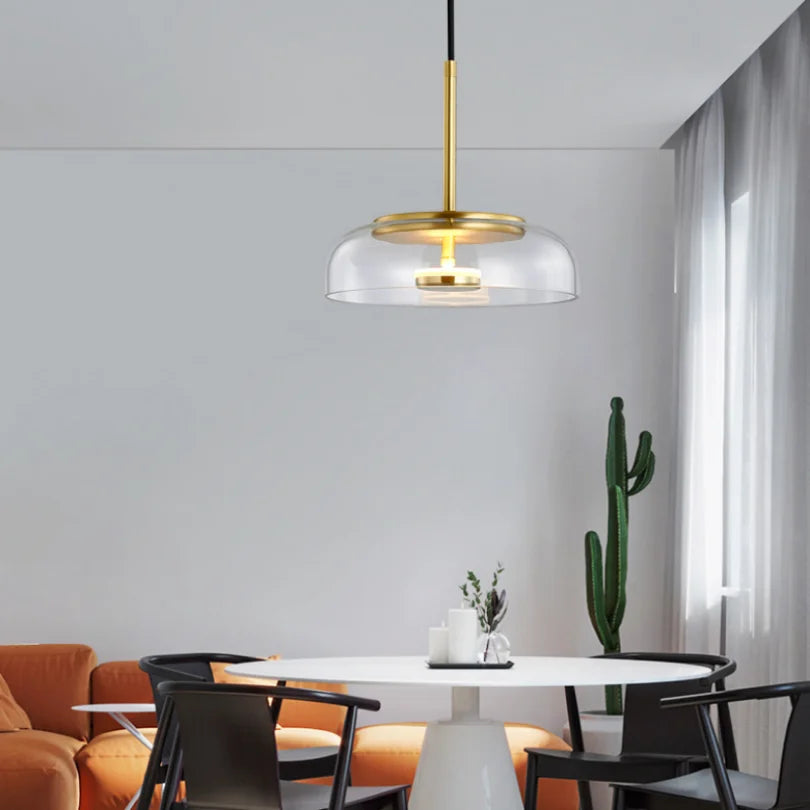 Lampes suspendues modernes transparent doré noir gris abatjour transparent rosace dorée câble suspension LED