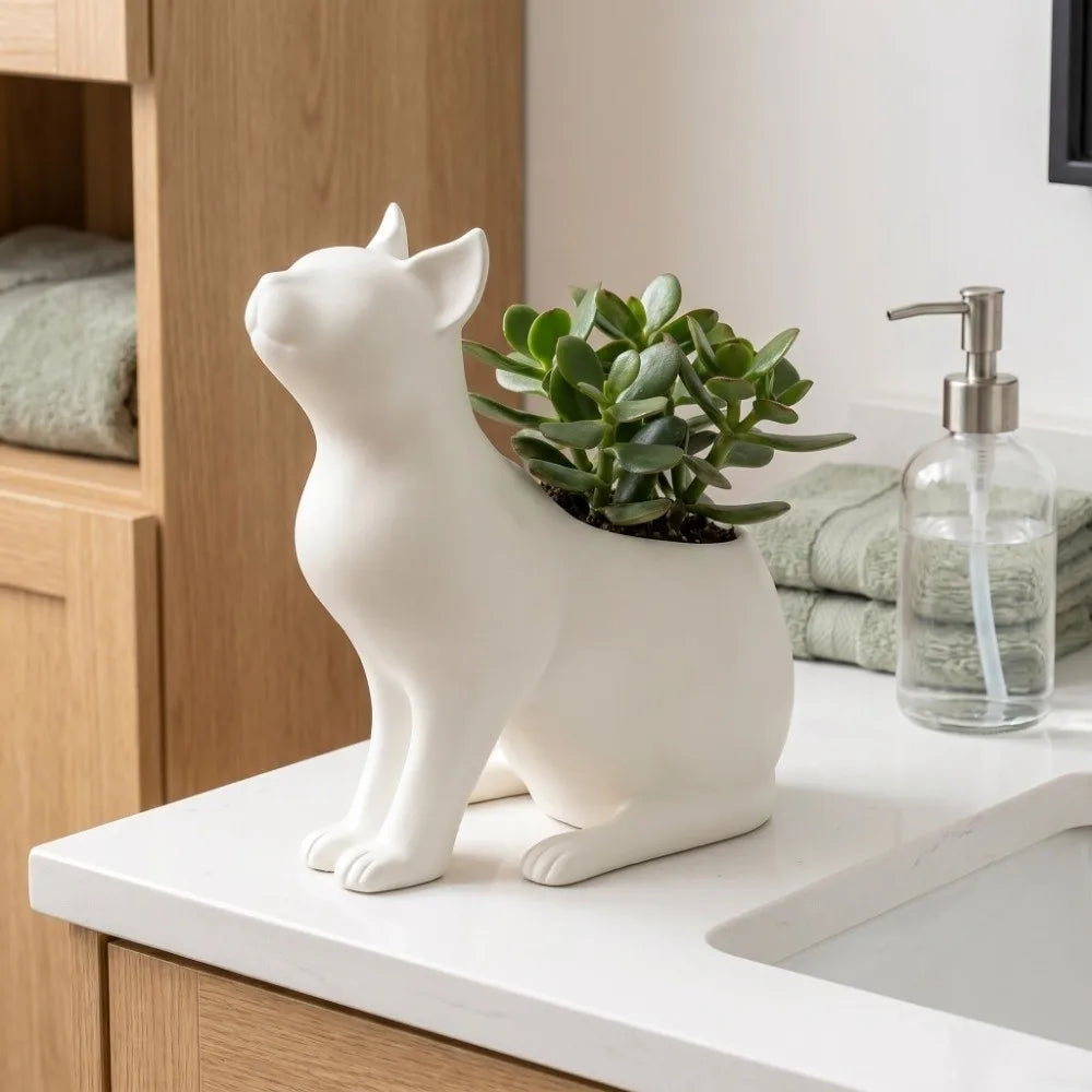 pots fleurs forme chat blanc moderne plateaux poterie glacé dimension 16x15x9cm succulentes décoration minimaliste