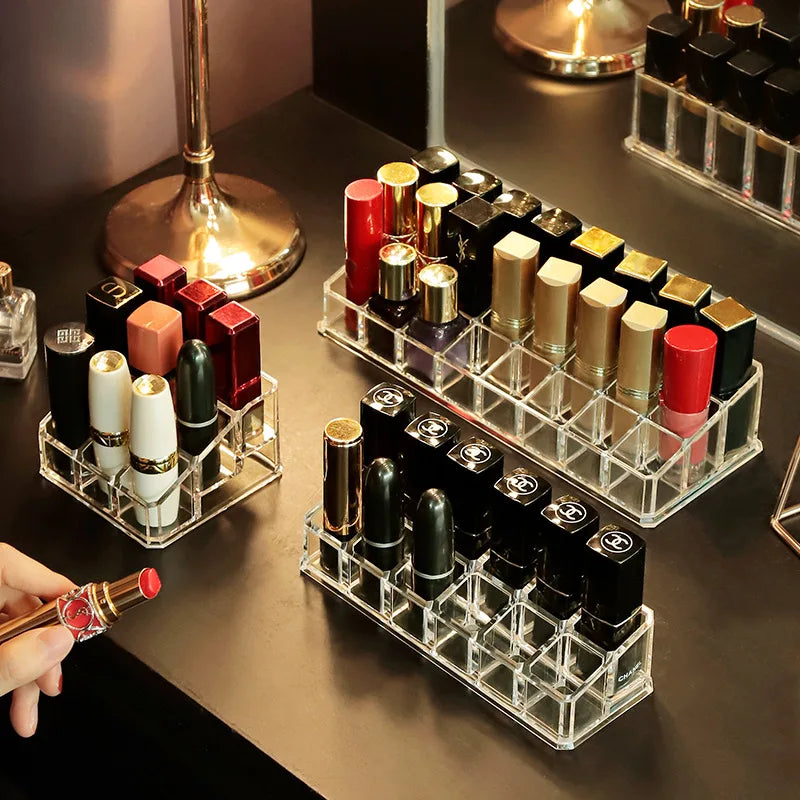 présentoir cosmétique transparent moderne boîte rangement maquillage acrylique 10 gonds doré minimaliste