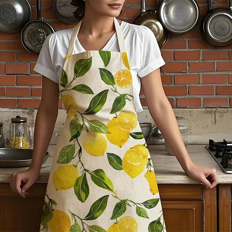tablier cuisine lin coton ajustable citrons feuilles verte moderne imprimé beige jaune blanc