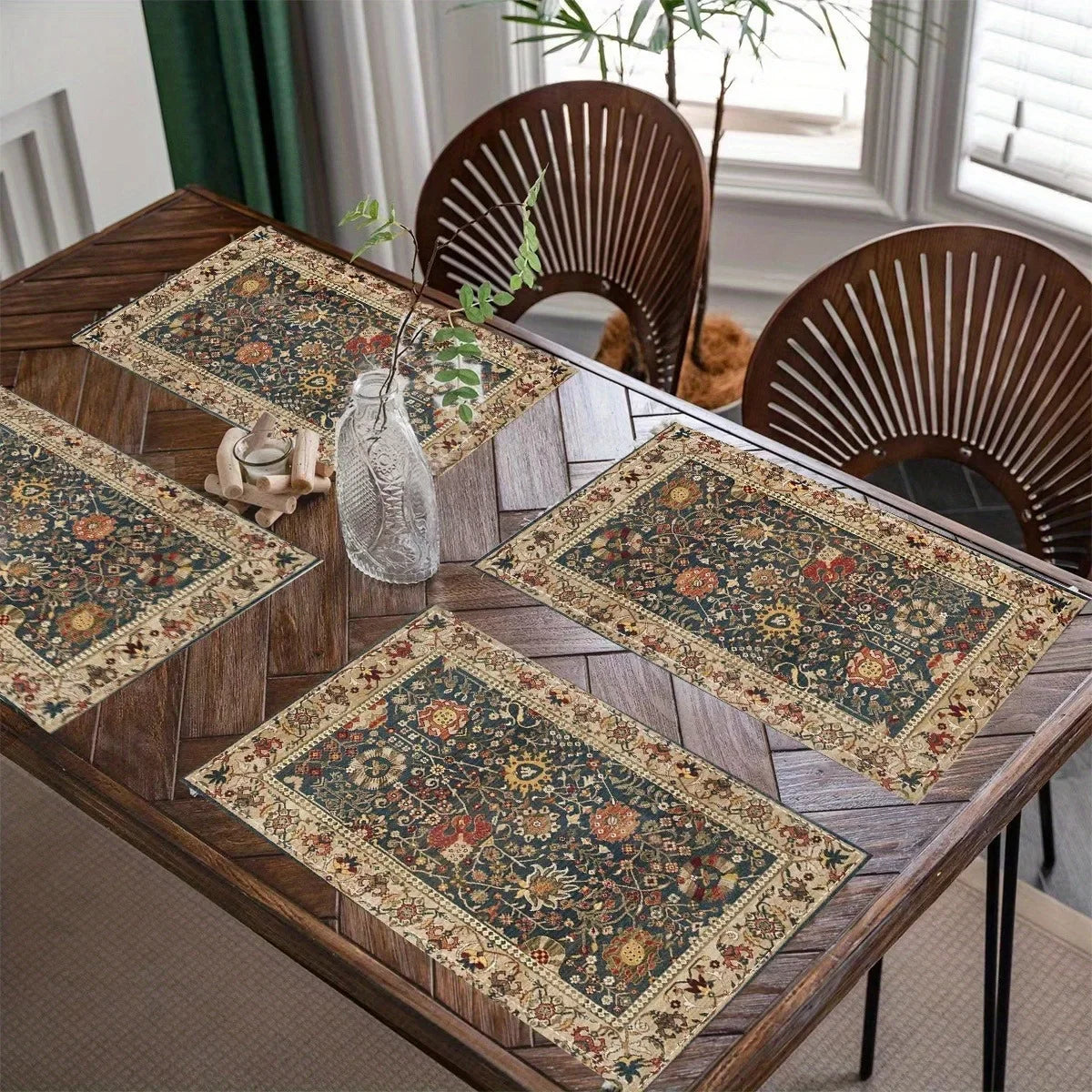 tapis table classique ornements floraux bleu marine beige rouge vert lin festive salle manger