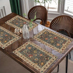 tapis table classique ornements floraux bleu marine beige rouge vert lin festive salle manger