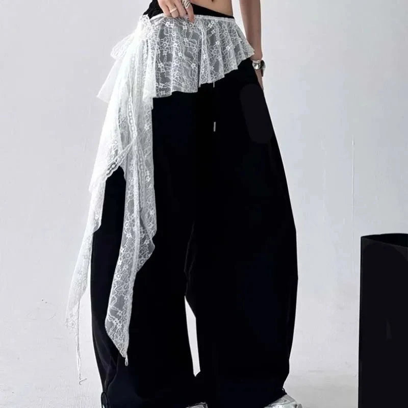pantalon femme gris clair dentelle élastique moderne décontracté transparent y2k one size white