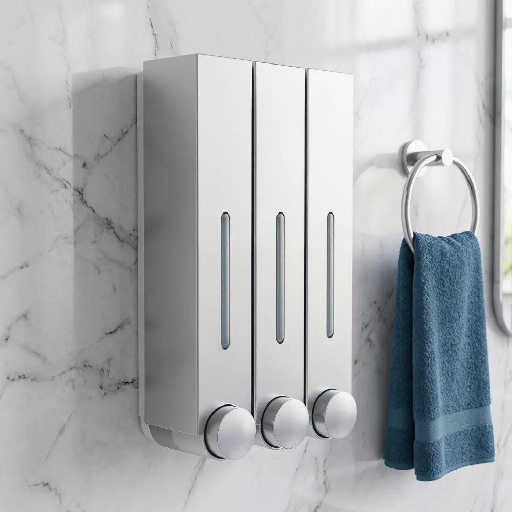 distributeur savon mural rechargeable blanc gris moderne minimaliste adhésif boutons déclenchement fenêtre transparente