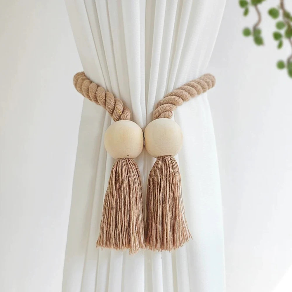 boucle rideau boho bois franges simples coton beige blanc moderne maison