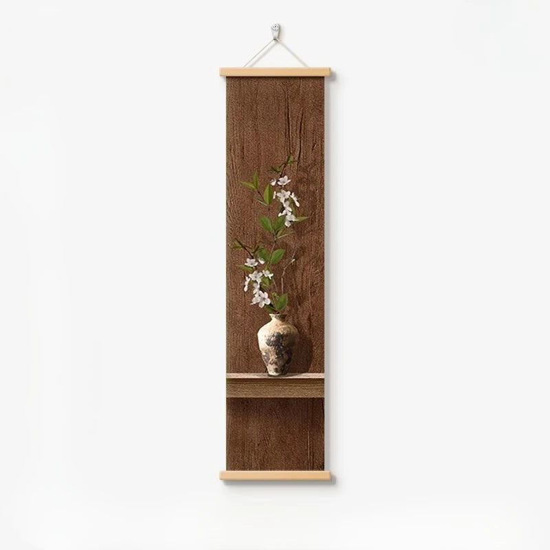 cadre mural suspendu paysage japonais fleurs blanches branches vertes oiseau noir texte chinois verte