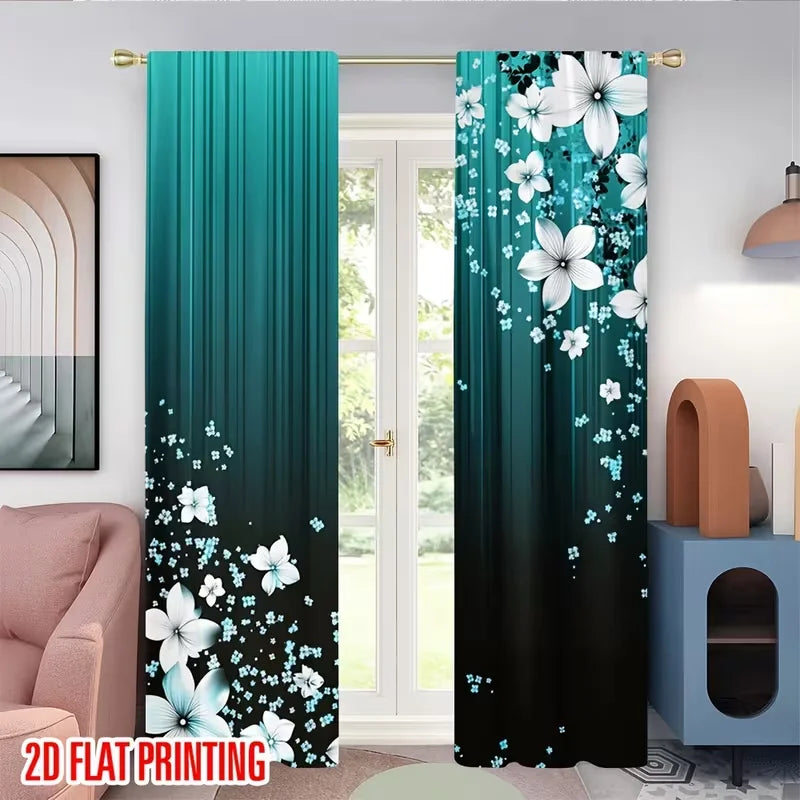 rideau moderne fleurs blanches turquoise noir polyester chambre salon 60x150cm 75x166cm 105x230cm 130x210cm