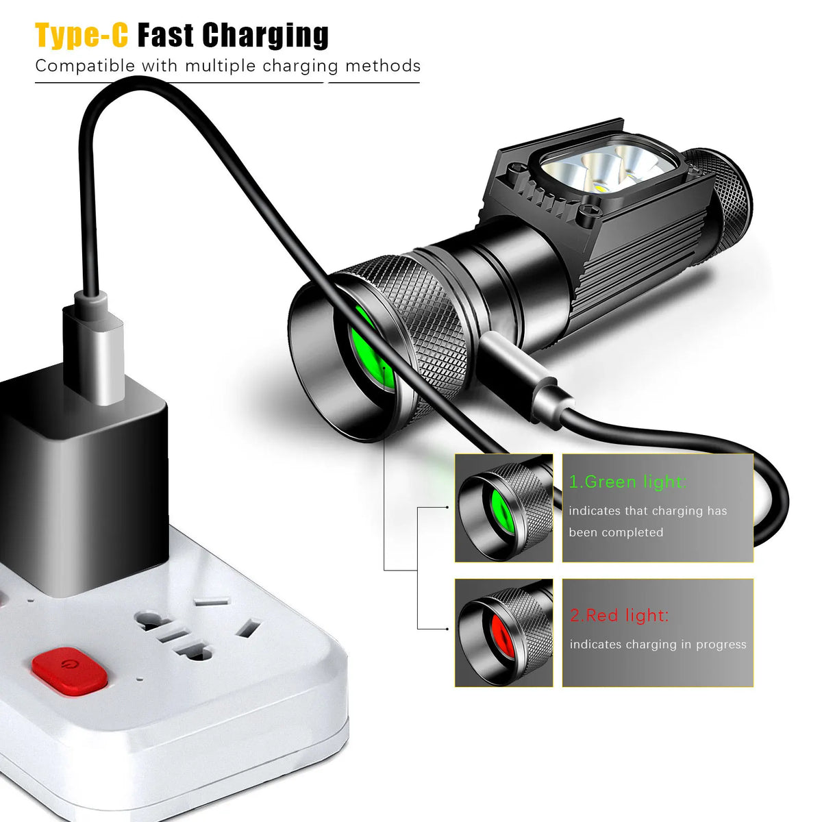 lampe torche rechargeable led uv blanc rouge verte bleue pêche chasse ceinture moderne