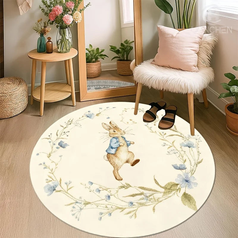 tapis fleuri lapin polyester antidérapant confortable intérieur extérieur beige bleu vert