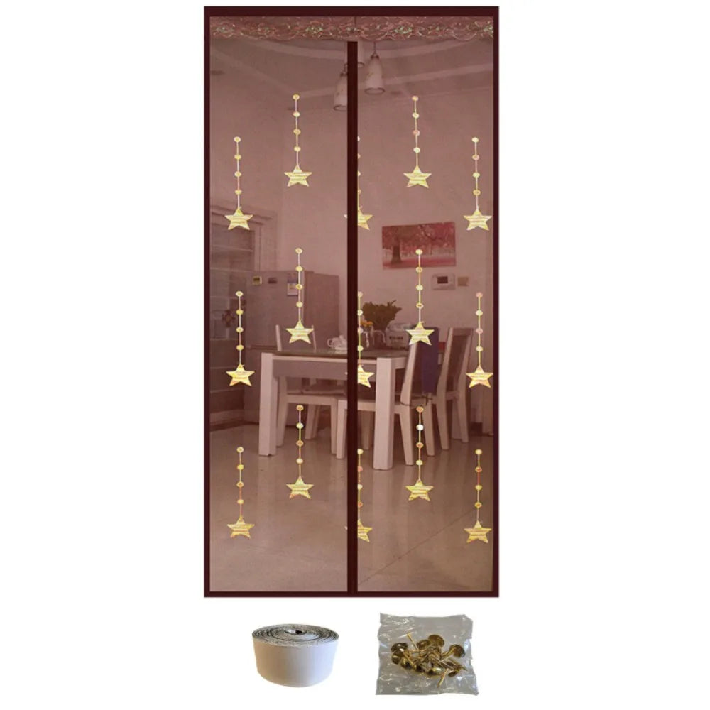 rideau porte moderne gris translucide fleurs dorées motifs géométriques bien ventilé anti insectes