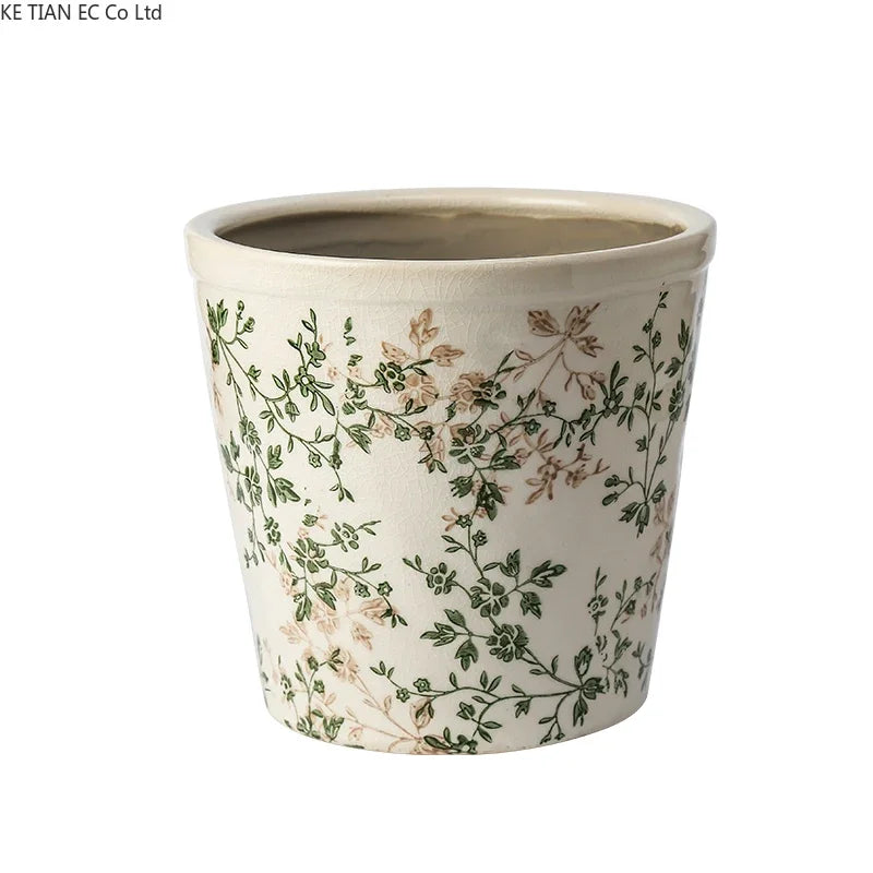 pots fleurs céramique porcelaine rustique vintage beige vert blanc floral