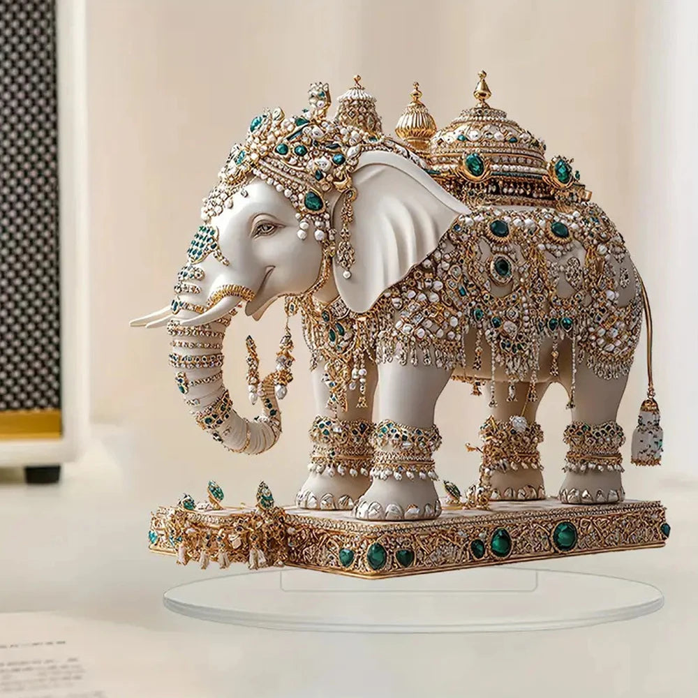 statue élégante éléphant blanc doré artisanal support transparent traditionnel ornement diamants