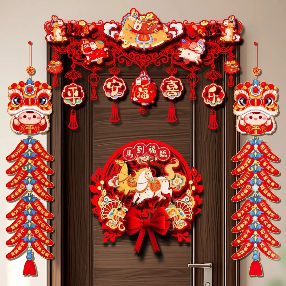 décoration murale chinoise rouge blanche bleue personnages animaux motifs floraux caractères chinois