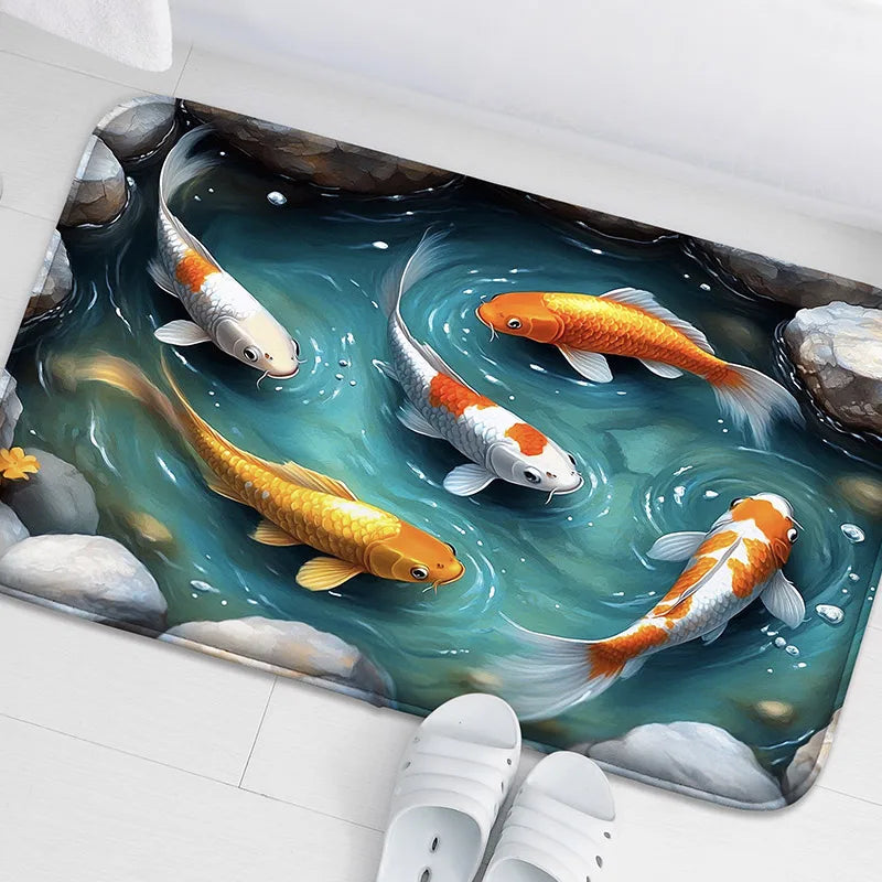 tapis sol antidérapant moderne poissons motifs animaux salle bain blanc bleu orange doré gris