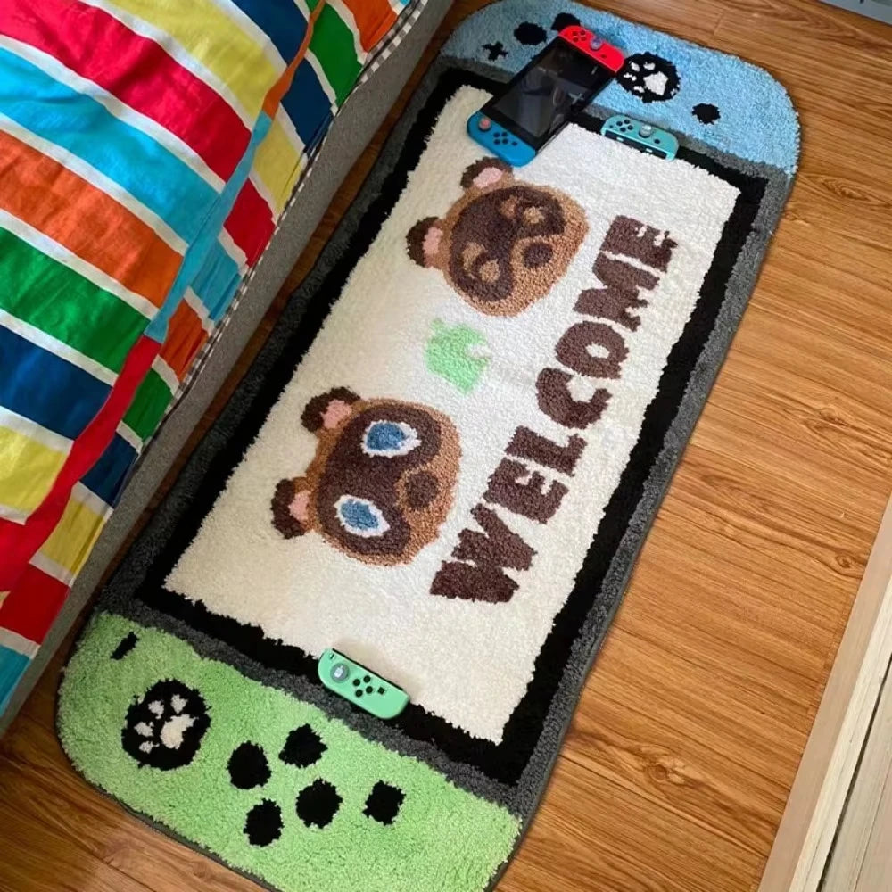 tapis console jeu blanc bleu vert noir motif boutons manette welcome loading anti salissure