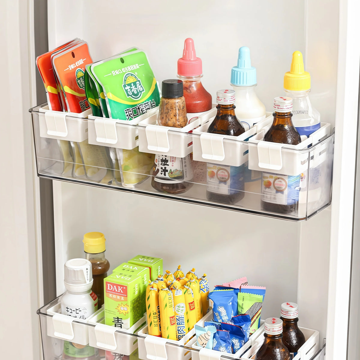 organisateur réfrigérateur transparent blanc clips ajustable rangement aliments sauces snacks boites bouteilles utilitaire minimaliste