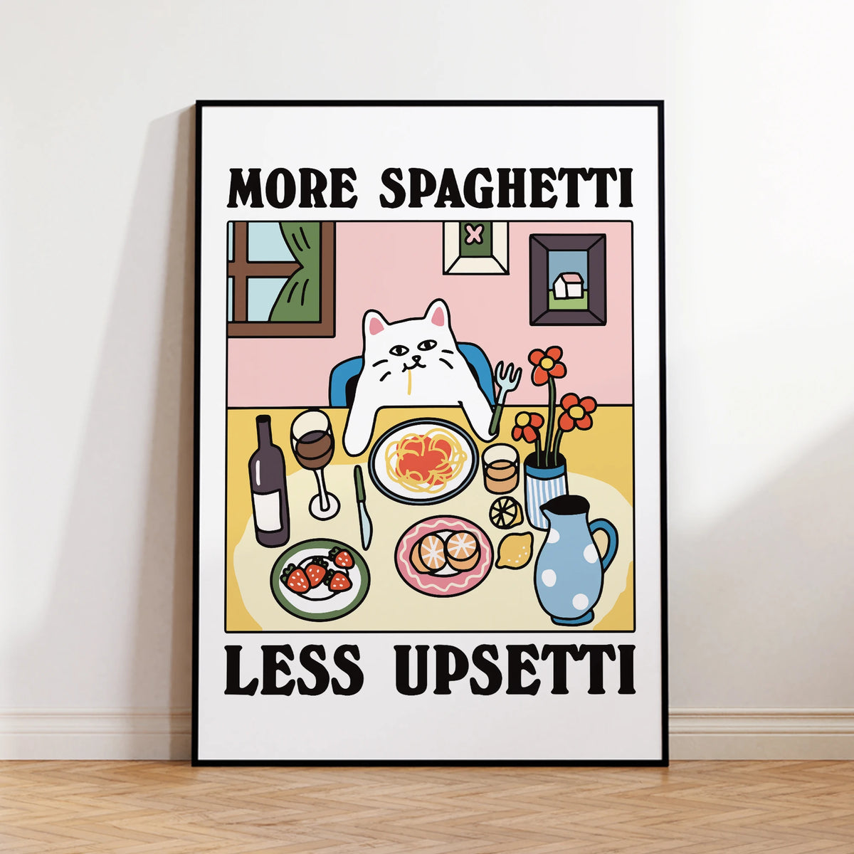 affiche encadrée illustration chat spaghetti fleurs vin fond rose humour enfant chambre salon