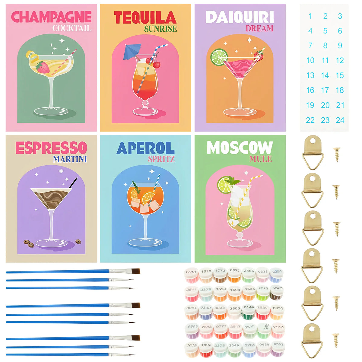 poster multicolore illustration cocktails retro clips peintures pots pinceaux débutant