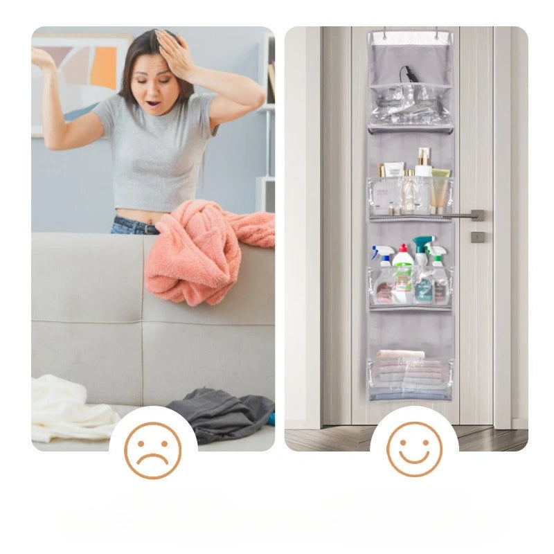sac rangement suspendu gris maille pratique poches réutilisable porte chambre salle bain