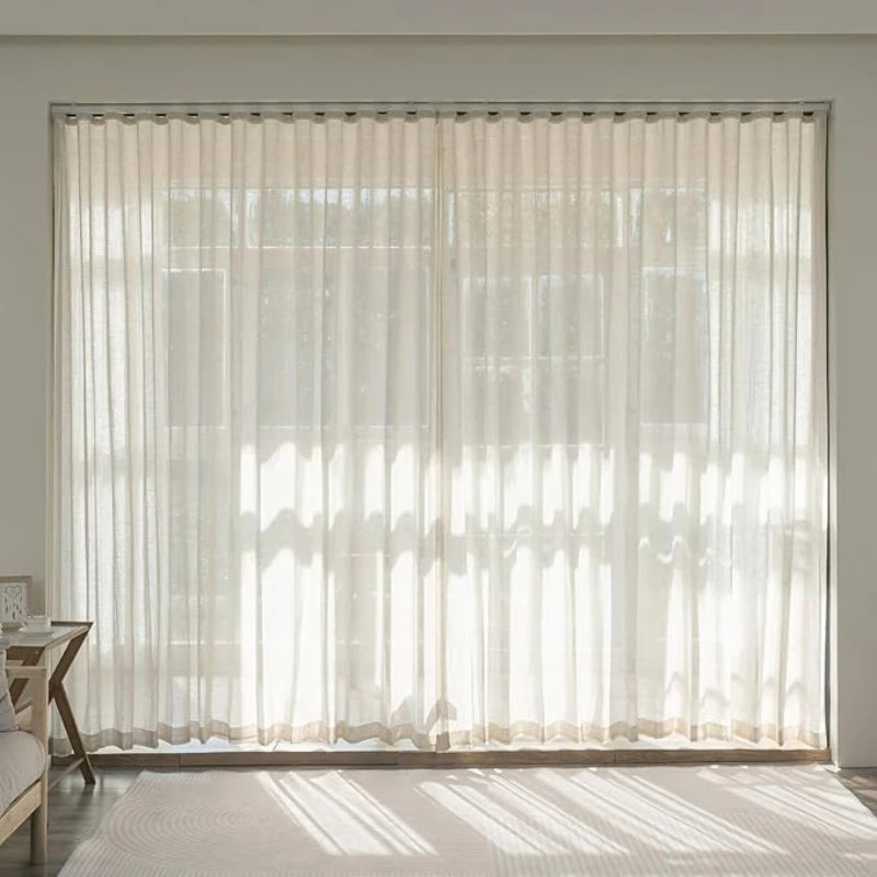 rideaux plissés moderne polyester texture lin couleur beige clair légèrement opaque salon chambre mesure