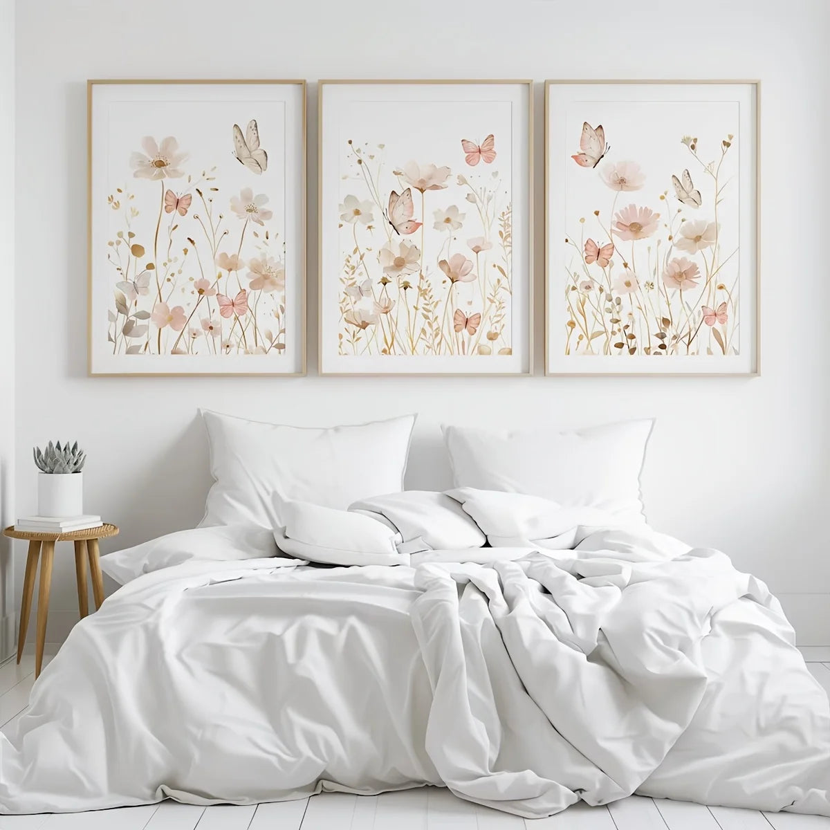 tableaux toile imprimés motifs fleurs papillons moderne minimaliste blanc beige rose pâle sans cadre