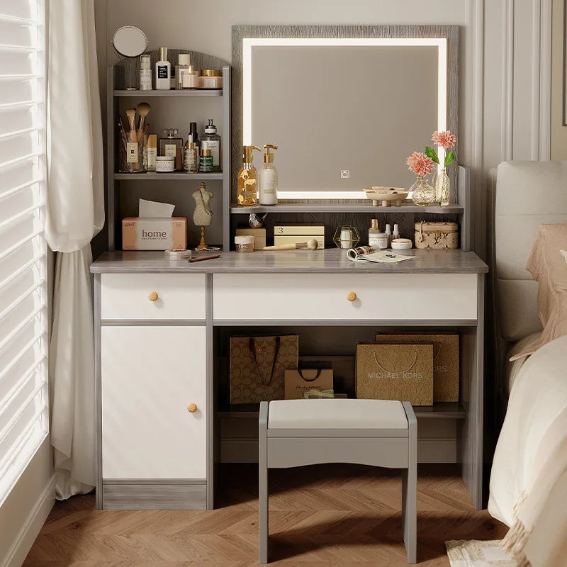 maquillage blanc moderne tabouret miroir led boites rangement texture bois