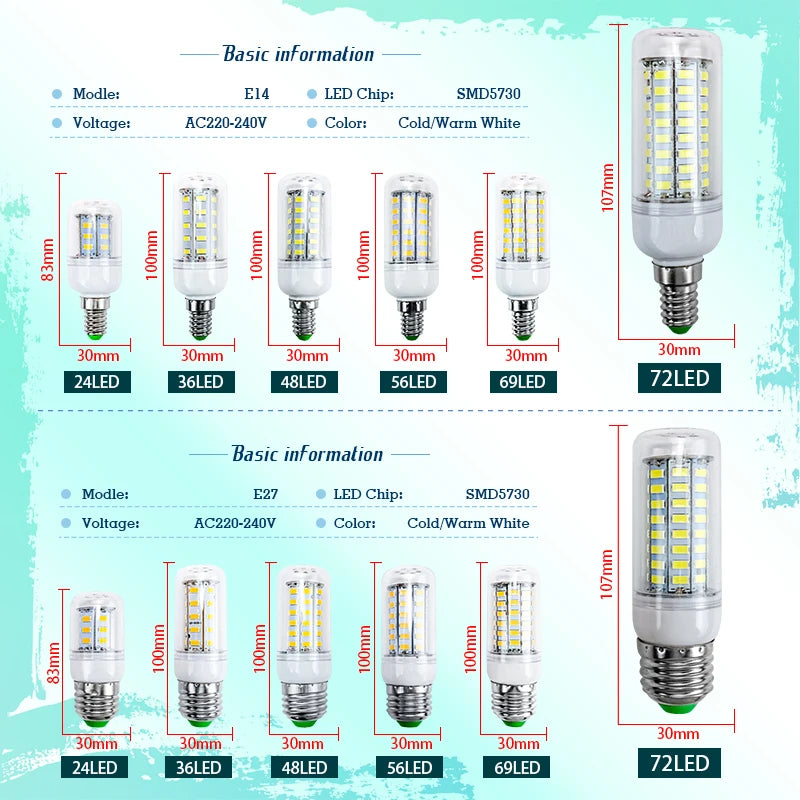 ampoule led maïs blanc grains moderne vis e14 e27 24led 36led 48led 56led 69led