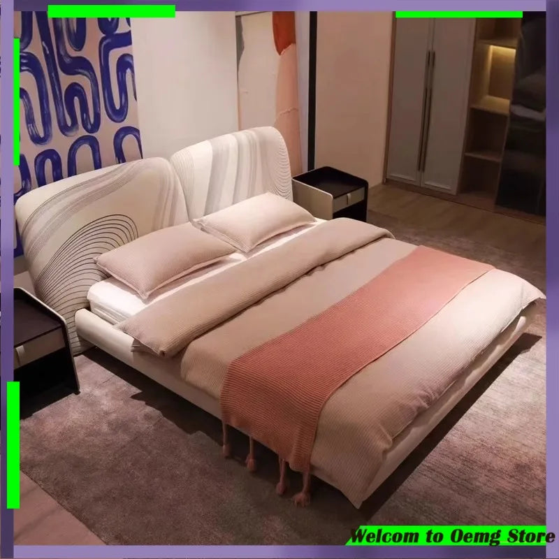 lit moderne bois blanc rose gris rayures motifs géométriques minimaliste