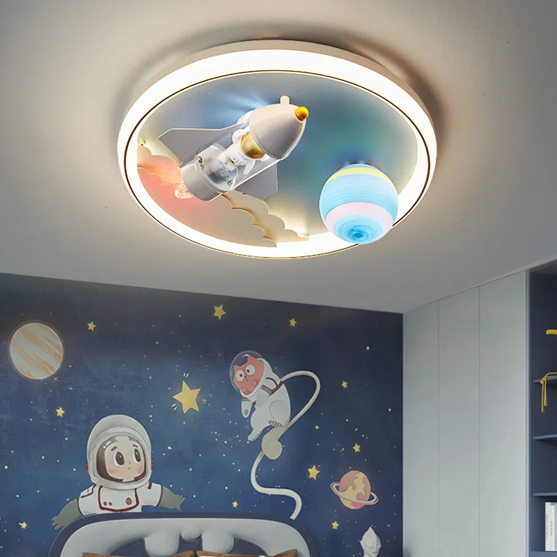 plafonnier moderne astronautes fusées planètes nuages blanc bleu orange jaune gris chambre enfants