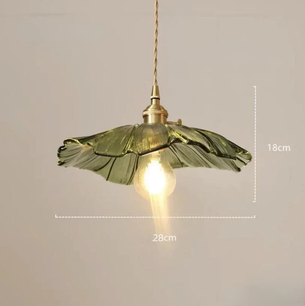 lampe suspendue moderne violet rose transparent feuilles ouvertes effet ondulé art déco chaîne métallique