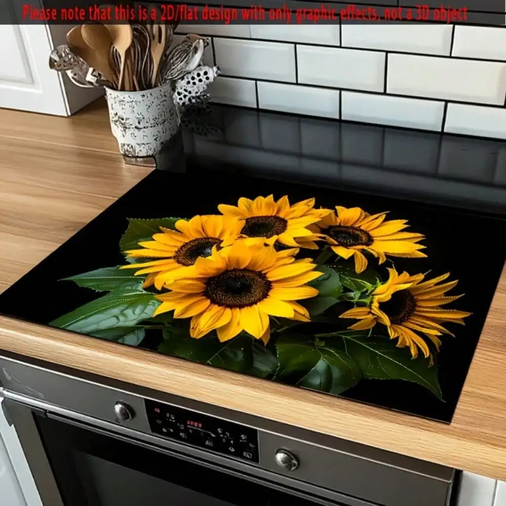 protège cuisinière induction noir floral moderne tapis sol antidérapant motifs tournesol abstraits deco cuisine