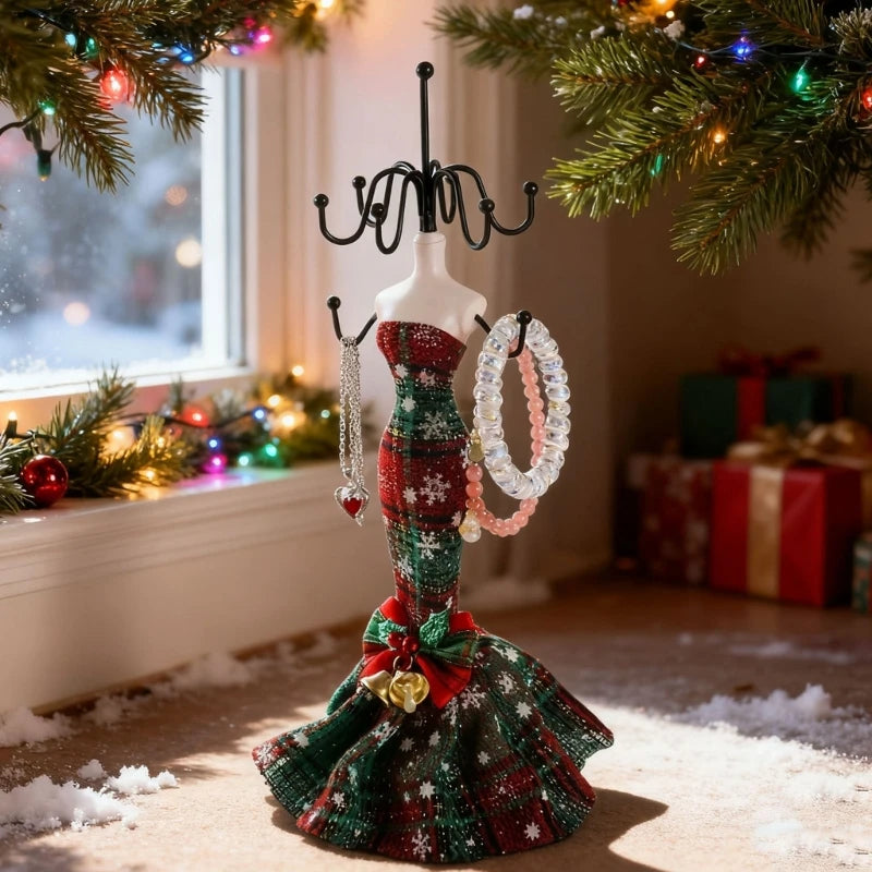 porte bijoux mannequin buste plaid noël rouge vert clochettes festive métal crochets