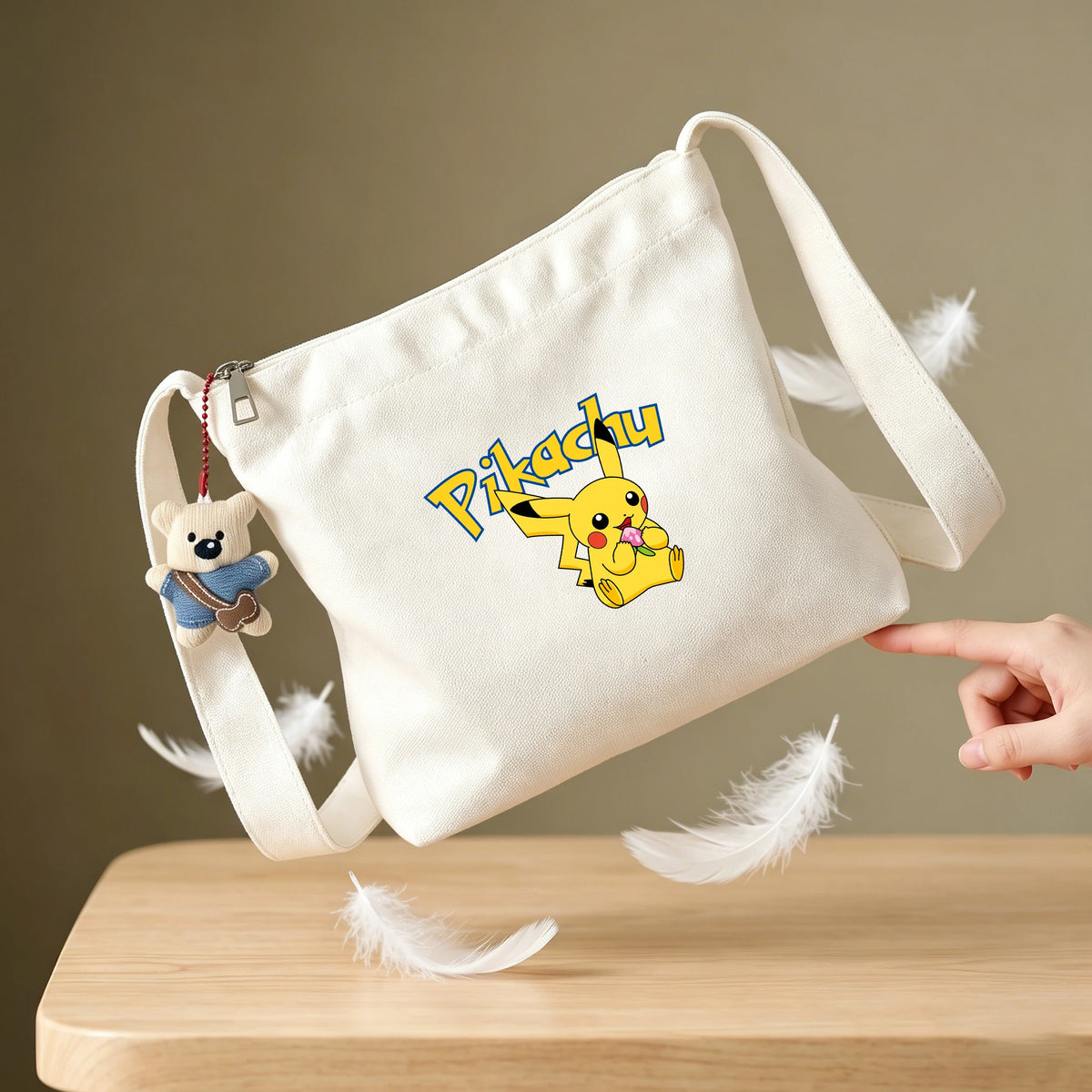 sac bandoulière toile blanc pikachu anime ours peluche grande capacité sac main