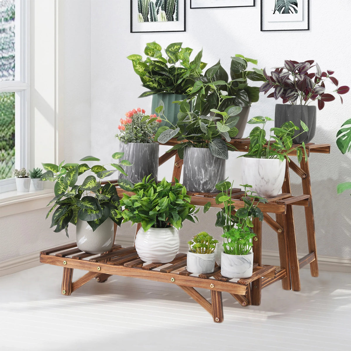 présentoir pliant bois moderne niveaux vis fixations plantes salon balcon 70cm 25cm