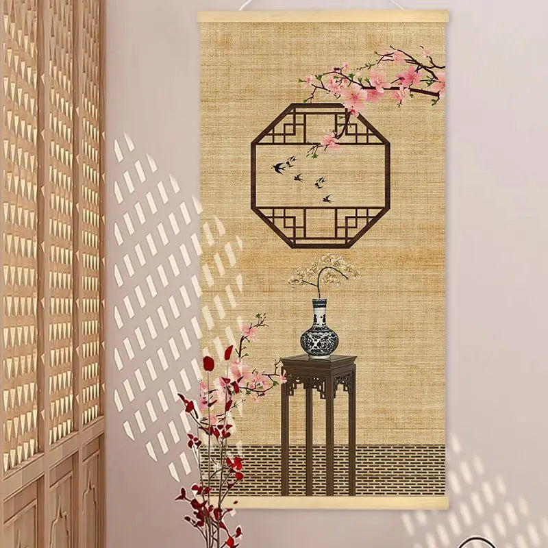peinture suspendue chinois bambou fleurs insectes textes beige noir rouge vert
