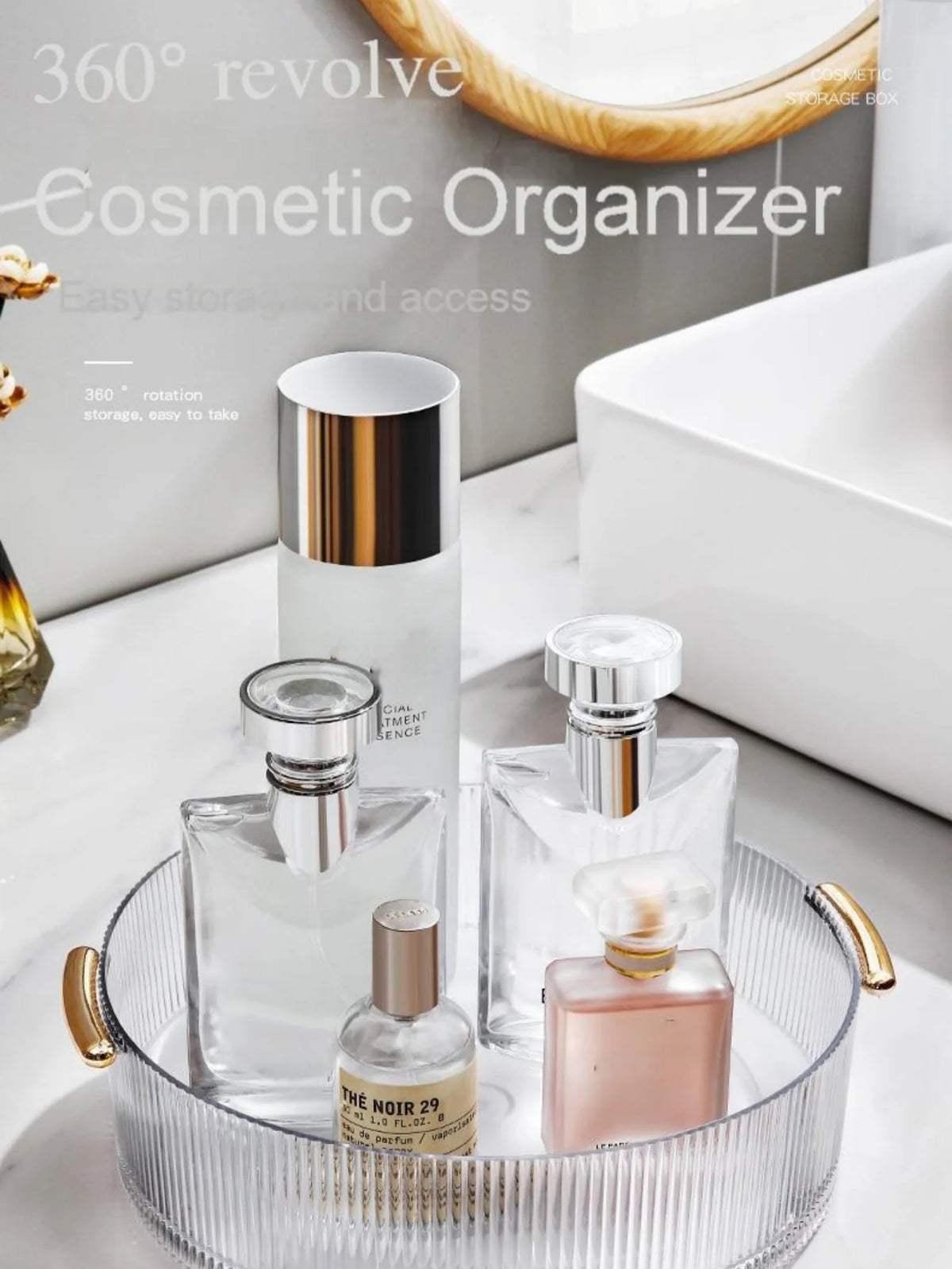 organisateur rotatif transparent cosmétiques parfums rayures verticales moderne poignées dorées brosse maquillage flacon parfum