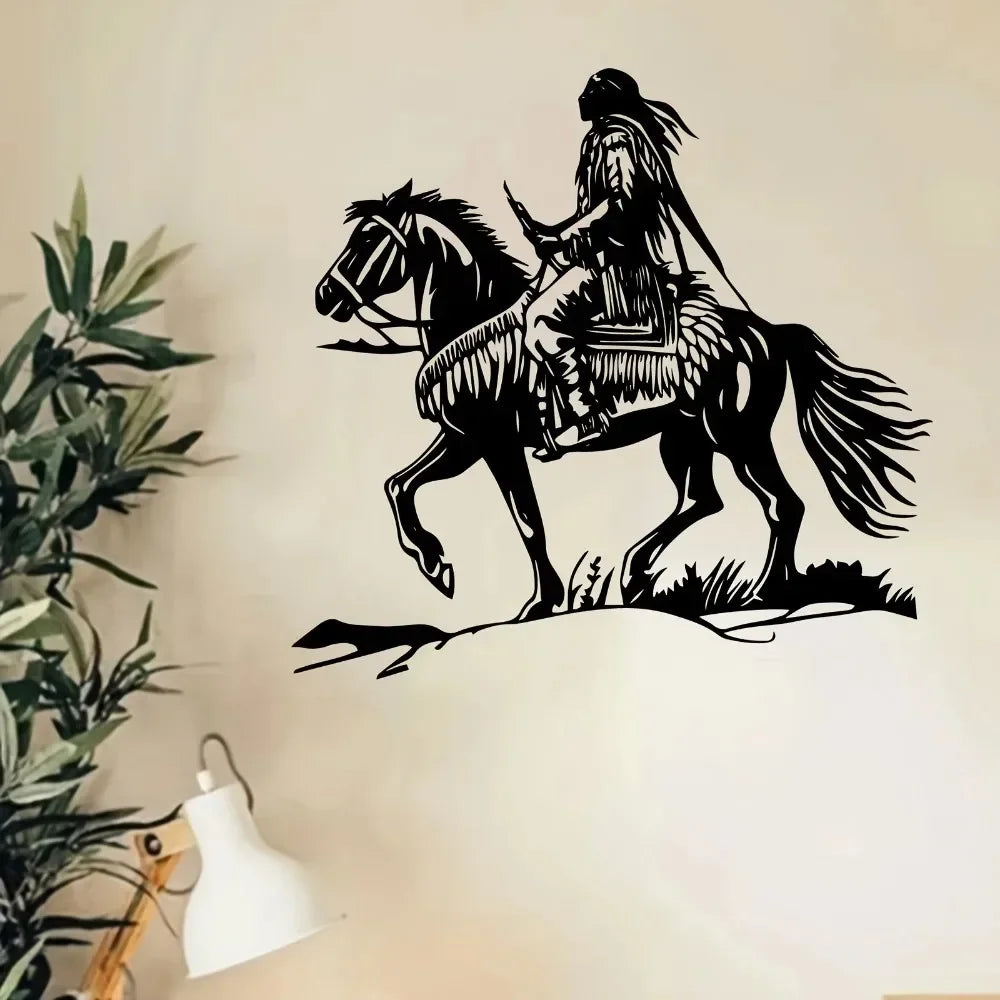 sticker mural homme cheval western amérindien noir blanc décoration intérieure 29cm 30cm adhésif facile
