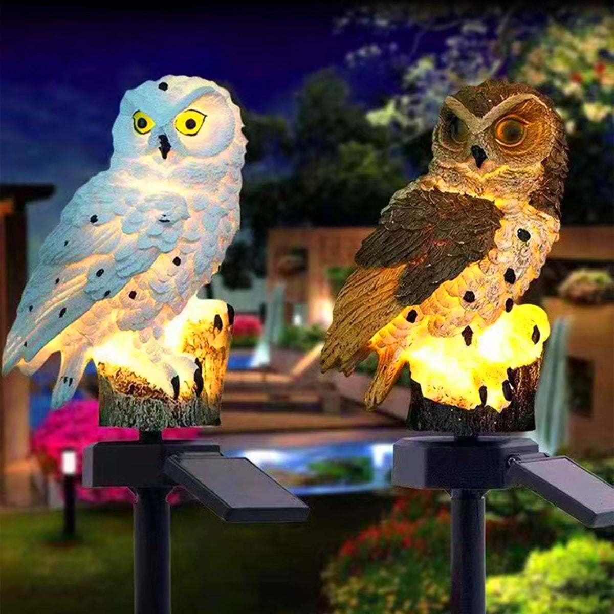 décoration solaire oiseau hibou blanc brun réaliste extérieur jardin moderne led résine