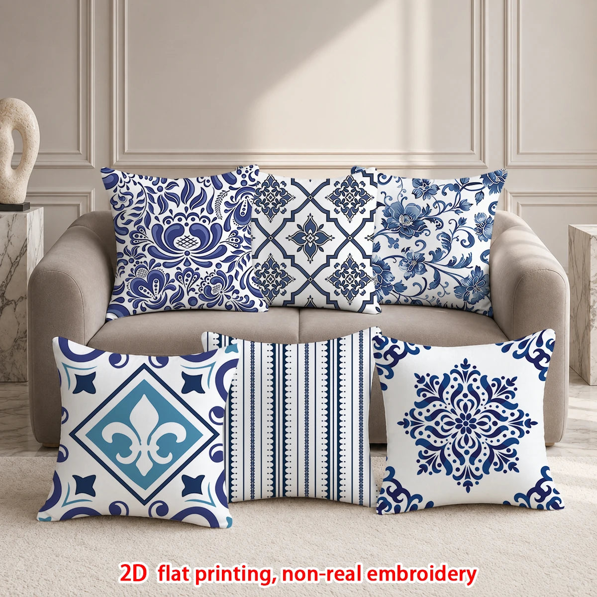 lot housses coussin décoratives bleu blanc motifs floraux géométriques porcelaine