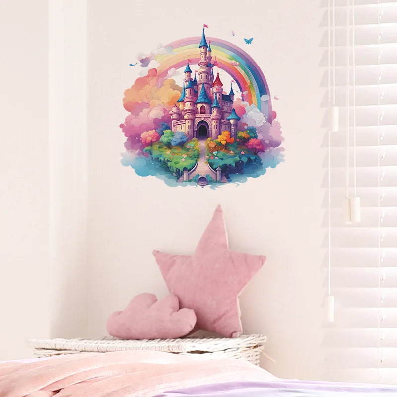 autocollant mural château arc ciel nuages forêt enfant fantaisie multicolore adhésif